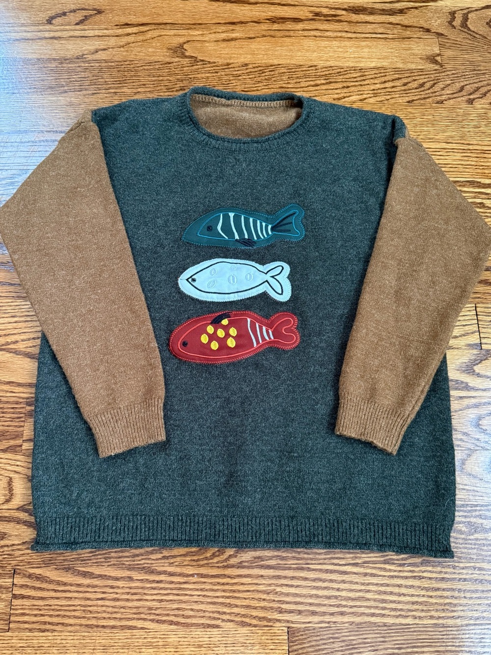 Fish Sweater | Green Brown Novelty Knit | Coastal Fisherman XS S EUC